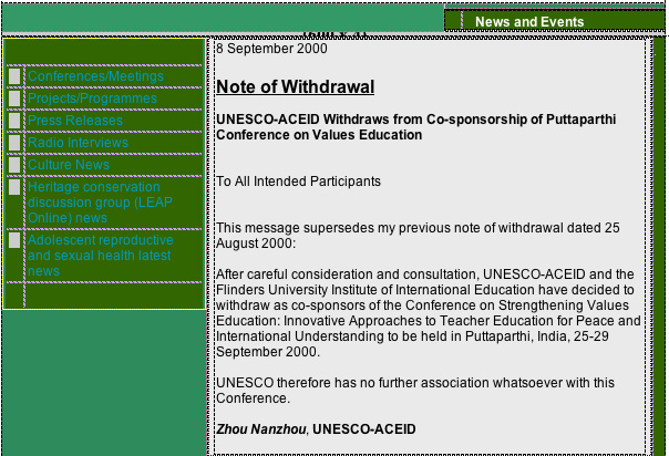 UNESCO MEDIA ADVISORY on their withdrawal from the Sathya Sai Baba Educational Conference in 2000
